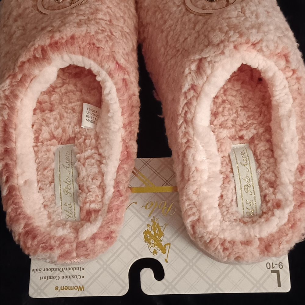 U.S. Polo Assn. Pink Plush Faux Fur Slippers Women's Size L 9-10 NWT - Picture 3 of 6